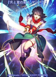 Rule 34 | 1girl, armlet, armor, azusa (hws), black hair, boots, bridal gauntlets, brown eyes, commentary, company connection, copyright name, dress, earrings, fire emblem, fire emblem: thracia 776, fire emblem cipher, full body, holding, holding sword, holding weapon, jewelry, knee boots, leg up, long hair, mareeta (fire emblem), nintendo, official art, open mouth, serious, sheath, short sleeves, shorts, sparkle, sword, thigh strap, weapon
