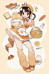 Rule 34 | 1girl, :o, ahoge, apron, artist name, bag, basket, black eyes, black hair, blush stickers, border, braid, bread, bread hair ornament, bread slice, breasts, character name, cleavage, commentary, commentary request, croissant, dress, english commentary, flour, food, full body, gloves, grid background, hair ornament, hair ribbon, hat, heart, heart ahoge, highres, holding, holding basket, indie virtual youtuber, leg warmers, long hair, looking at viewer, medium breasts, mintmai, open mouth, pretzel, puffy short sleeves, puffy sleeves, rabbit, ribbon, shoes, short sleeves, solo, soreeyu (sore-yu), standing, thigh strap, waist apron, white apron, white gloves