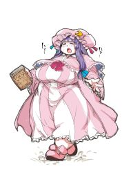 Rule 34 | 1girl, blunt bangs, blush, book, breasts, bun cover, closed eyes, commentary, d:, double bun, fat, hair bun, hat, heavy breathing, hiro (h-net), huge breasts, long hair, mob cap, obese, open mouth, patchouli knowledge, pink footwear, purple hair, shoes, solo, sweat, thick thighs, thighs, touhou, walking, wide hips