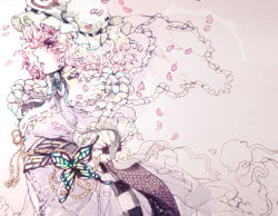 Rule 34 | 1girl, bow, bowtie, bug, butterfly, cherry blossoms, frills, hat, hitodama, insect, japanese clothes, kimono, lowres, mob cap, petals, pink hair, profile, red eyes, ribbon, saigyouji yuyuko, sash, short hair, solo, takatora, tears, touhou, triangular headpiece, wide sleeves