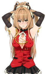 Rule 34 | 10s, 1girl, adjusting hair, amagi brilliant park, antenna hair, armpits, blush, breasts, brown eyes, brown hair, center opening, cleavage, cleavage cutout, clothing cutout, covered erect nipples, elbow gloves, gloves, ishii takamori, large breasts, long hair, open clothes, open shirt, ponytail, sento isuzu, shirt, simple background, skirt, sleeveless, solo, white background