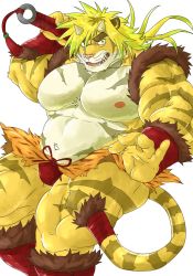 Rule 34 | 1boy, alternate costume, animal ears, bara, bare pectorals, belly, black eyes, blonde hair, briefs, bulge, club, club (weapon), colored sclera, furry, furry male, green sclera, highres, horns, kanabou, large pectorals, loincloth, macan (housamo), male focus, male underwear, muscular, muscular male, navel, nipples, oni, oni horns, pectorals, red male underwear, short hair, solo, stomach, thick eyebrows, thick thighs, thighs, tiger boy, tiger ears, tokyo houkago summoners, underwear, weapon, yellow fur, yuki (m0000rgn)