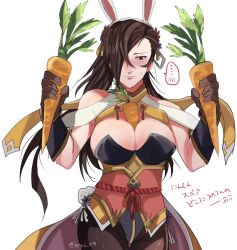 Rule 34 | 1girl, animal ears, black hair, blush, breasts, brown eyes, brown hair, carrot, cleavage, cosplay, embarrassed, fake animal ears, fire emblem, fire emblem fates, fire emblem heroes, food, gloves, hair over one eye, holding, kagero (fire emblem), kagero (spring) (fire emblem), large breasts, leotard, looking at viewer, nintendo, pantyhose, playboy bunny, rabbit ears, rem (eyes 410), simple background, solo, vegetable, white background