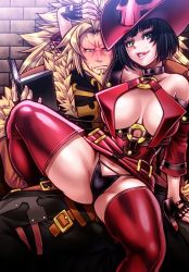 Rule 34 | 1boy, 1girl, bad id, bad twitter id, bare shoulders, beard, belt buckle, black hair, black panties, blonde hair, book, boots, breasts, brick wall, buckle, chiba toshirou, choker, facial hair, fingerless gloves, fur trim, furrowed brow, gloves, green eyes, guilty gear, guilty gear xrd, hat, heterochromia, highres, i-no, inactive account, large breasts, leo whitefang, long hair, looking at viewer, manly, mole, mole above mouth, o-ring, o-ring top, panties, parted lips, red hat, short hair, smile, spread legs, thigh boots, thighhighs, underwear, witch hat, yellow eyes