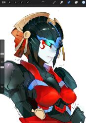 1girl aqua_eyes art_program_in_frame breasts dida_shuimian_bianyuan glowing glowing_eyes looking_down mecha medium_breasts nervous robot science_fiction simple_background sketch solo transformers unfinished white_background windblade