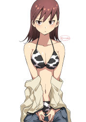 Rule 34 | 1girl, absurdres, animal print, beige jacket, bikini, bikini under clothes, breasts, brown eyes, brown hair, cleavage, cow print, cowboy shot, denim, gluteal fold, highres, jeans, kantai collection, large breasts, long hair, masukuza j, navel, ooi (kancolle), pants, simple background, solo, swimsuit, swimsuit under clothes, white background