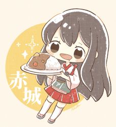 Rule 34 | 1girl, akagi (kancolle), blush, brown eyes, brown hair, character name, chibi, curry, curry rice, flight deck, food, hakama, hakama short skirt, hakama skirt, highres, holding, holding plate, japanese clothes, kantai collection, long hair, muneate, nada namie, open mouth, plate, red hakama, rice, saliva, signature, simple background, skirt, solo, sparkle, tasuki, thighhighs, two-tone background, white thighhighs, wide sleeves