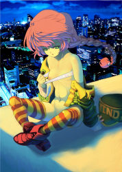 Rule 34 | 1990s (style), 1girl, bad id, bad pixiv id, boots, bra, bra pull, braid, breasts, city, cityscape, clothes pull, green eyes, lingerie, long hair, medium breasts, multicolored clothes, multicolored legwear, navel, nipples, no panties, psychic force, red hair, retro artstyle, rooftop, sitting, solo, striped clothes, striped thighhighs, taito, thighhighs, underwear, wendy ryan, yy