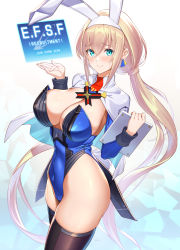 Rule 34 | adapted costume, blue eyes, blue leotard, boots, breasts, covered navel, earrings, embarrassed, hair behind ear, highres, jewelry, large breasts, leotard, long hair, low twintails, mitsuba greyvalley, playboy bunny, rabbit tail, skindentation, solo, super robot wars, super robot wars 30, takamine nadare, thigh boots, thighhighs, twintails, very long hair