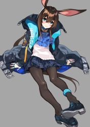 Rule 34 | 1girl, absurdres, amiya (arknights), animal ears, aqua eyes, arknights, black pantyhose, blush, brown hair, comeo (komeo15), full body, grey background, highres, infection monitor (arknights), jacket, jewelry, long hair, long sleeves, looking at viewer, loose clothes, open clothes, pantyhose, rabbit ears, ring, simple background, sitting, skirt