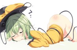 Rule 34 | 1girl, aki (akikaze asparagus), ass, blush, bottomless, bow, closed eyes, drooling, green hair, hat, hat bow, komeiji koishi, long sleeves, open mouth, short hair, simple background, sleeping, solo, top-down bottom-up, touhou, white background, zzz