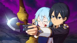 Rule 34 | 1boy, 1girl, bad id, bad yandere id, black eyes, black hair, black jacket, blood, blood on face, blue hair, bow (weapon), closed eyes, closed mouth, game cg, hair tubes, hand on hand, highres, holding, holding bow (weapon), holding weapon, jacket, kirito, long sleeves, official art, outdoors, purple sky, short hair, sinon, sinon (solus), sky, sword art online, sword art online: lycoris, upper body, v-shaped eyebrows, weapon