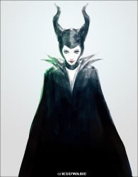Rule 34 | 1girl, blue eyes, breasts, choker, cleavage, cloak, commentary request, disney, fake horns, female focus, gradient background, hood, horned headwear, horns, k-suwabe, lipstick, looking at viewer, makeup, maleficent, simple background, sketch, sleeping beauty, smile, solo, spikes, twitter username