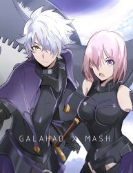 1boy 1girl armor bare_shoulders black_armor capelet character_name closed_mouth commentary_request fate/grand_order fate_(series) galahad_(fate) gauntlets hair_over_one_eye height_difference highres holding holding_shield mash_kyrielight mash_kyrielight_(demi-servant) one_eye_covered open_mouth pink_hair purple_capelet purple_eyes shield spiked_hair sword weapon white_hair wuke_(hp421220153) yellow_eyes