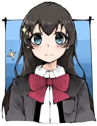 Rule 34 | 1girl, arms at sides, black hair, blue background, blue eyes, border, bow, bowtie, breast pocket, closed mouth, collared shirt, commentary, cropped torso, gradient background, grey jacket, hair ornament, highres, jacket, kagura hikari, long hair, long sleeves, looking at viewer, no pupils, open clothes, open jacket, outside border, pocket, red bow, red bowtie, school uniform, seishou music academy uniform, shirt, shoujo kageki revue starlight, solo, sparkle, sparkle hair ornament, upper body, white border, white shirt, yamarium