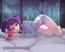 Rule 34 | 1girl, bare legs, barefoot, blue shirt, blush, can, commentary, dolphin shorts, english commentary, full body, holding, holding can, indoors, jill stingray, long sleeves, looking at viewer, lying, night, on bed, on side, pajamas, patreon username, print shirt, purple eyes, purple hair, rtil, shirt, shorts, solo, star (symbol), star print, va-11 hall-a, window