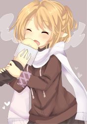 Rule 34 | 1girl, :d, ^ ^, absurdres, bad id, bad pixiv id, blonde hair, blush, closed eyes, disembodied hand, eating, closed eyes, fang, happy, heart, highres, hood, hoodie, jacket, mirin (parusuli), mizuhashi parsee, open mouth, pointy ears, scarf, smile, solo focus, steam, touhou