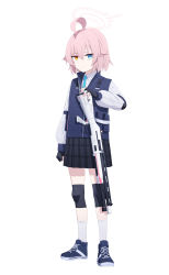 Rule 34 | absurdres, aged down, ahoge, aimpoleume, black gloves, blue archive, blue eyes, blue necktie, collared shirt, elbow pads, fingerless gloves, gloves, grey skirt, gun, halo, heterochromia, highres, hoshino (blue archive), knee pads, long sleeves, necktie, pink hair, plaid, plaid skirt, pleated skirt, shirt, shotgun, skirt, strap, weapon, white shirt, yellow eyes
