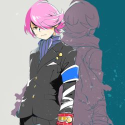 Rule 34 | 10s, 2boys, armband, back-to-back, bandaged arm, bandages, concrete revolutio, dual persona, formal, hair over one eye, hitoyoshi jirou, itumu, multiple boys, pink hair, scarf, short hair, suit, watch, wristwatch