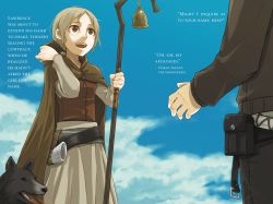 Rule 34 | 1boy, 1girl, :d, ayakura juu, bell, brown cape, brown eyes, brown hair, brown jacket, cape, character name, day, dog, enekk, from below, grey shirt, grey skirt, highres, holding, holding staff, hooded, jacket, long skirt, looking up, nora arento, novel illustration, official art, open mouth, outdoors, ponytail, shirt, skirt, smile, spice and wolf, staff, standing