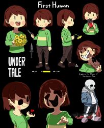 Rule 34 | 1boy, 1other, :d, absurdres, androgynous, black shorts, blue jacket, blush stickers, bouquet, brown footwear, brown hair, brown pants, candy, cape, cel shading, chara (undertale), character name, child, chocolate, chocolate bar, commentary, copyright name, crazy eyes, cropped torso, dagger, eating, evil grin, evil smile, flower, food, food in mouth, full body, green shirt, grin, hands in pockets, health bar, heart, highres, holding, holding bouquet, holding cape, holding clothes, holding dagger, holding flower, holding knife, holding weapon, hollow eyes, hollow mouth, hood, hood down, hooded jacket, jacket, kamezaemon, knife, long sleeves, looking at viewer, melting eyes, multiple views, no nose, open clothes, open jacket, open mouth, other focus, pants, pink footwear, pointing, pointing at viewer, red cape, sans (undertale), shaded face, shirt, shoes, short hair, shorts, skeleton, slippers, smile, solid oval eyes, solo focus, standing, steak, striped clothes, striped shirt, undertale, unworn cape, walking, weapon, white shirt, yellow flower