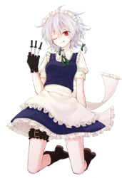 Rule 34 | 1girl, apron, bad id, bad pixiv id, black gloves, blue dress, blue skirt, braid, dress, female focus, gloves, hair ribbon, holster, honotai, izayoi sakuya, kneeling, knife, licking lips, maid, maid apron, maid headdress, one eye closed, puffy sleeves, red eyes, ribbon, shirt, short hair, short sleeves, silver hair, simple background, skirt, solo, thigh holster, tongue, tongue out, touhou, twin braids, waist apron, white background, wink