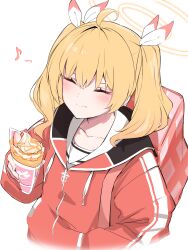 Rule 34 | 1girl, absurdres, blonde hair, blue archive, blush, closed eyes, closed mouth, crepe, eighth note, exiadoon, food, halo, highres, holding, holding food, jacket, long hair, long sleeves, musical note, red jacket, simple background, smile, solo, twintails, upper body, white background, yellow halo, yoshimi (blue archive)