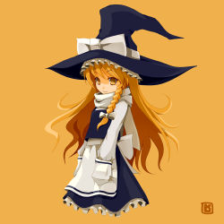 1girl bad_id bad_pixiv_id black_hat blonde_hair blouse braid female_focus hat kirisame_marisa kokuto long_hair ribbon shirt simple_background single_braid solo touhou white_shirt witch witch_hat yellow_background yellow_eyes