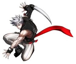 Rule 34 | 1boy, absurdres, arm blade, chipp zanuff, early type, full body, grin, guilty gear, guilty gear xrd, highres, male focus, muscular, ninja, red eyes, smile, solo, weapon, white background, white hair