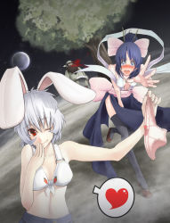 Rule 34 | 1boy, 2girls, animal ears, bad id, bad pixiv id, black hair, black legwear, blood, blush, bow, bow panties, rabbit ears, carrot, chang&#039;e, chinese clothes, clothes theft, contemporary, earth (planet), embarrassed, hair ribbon, heart, highres, moon, moon rabbit, multiple girls, navel, no panties, nosebleed, ojou-sama pose, one eye closed, open mouth, original, outstretched arm, panties, personification, reaching, red eyes, ribbon, rotix, side slit, space, spoken heart, tears, theft, thighhighs, tree, underwear, white hair, wink, wu gang