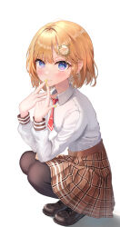 Rule 34 | 1girl, absurdres, blonde hair, blue eyes, blush, brown footwear, brown pantyhose, brown skirt, closed mouth, collared shirt, fang, full body, hair ornament, hand on own face, highres, hololive, hololive english, long sleeves, looking at viewer, multicolored eyes, necktie, pantyhose, pian717, plaid, plaid skirt, pleated skirt, purple eyes, red necktie, school uniform, shirt, shoes, short hair, simple background, skirt, smile, solo, squatting, virtual youtuber, watson amelia, white background, white shirt, yellow nails