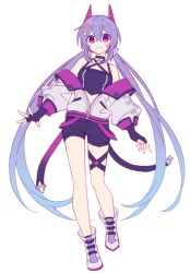 Rule 34 | 1girl, bare shoulders, choker, commentary request, fingerless gloves, full body, gloves, hair between eyes, hijiri (resetter), jacket, long hair, looking at viewer, original, ouriku, partially unzipped, purple eyes, shoes, shorts, simple background, smile, solo, twintails, very long hair, white background