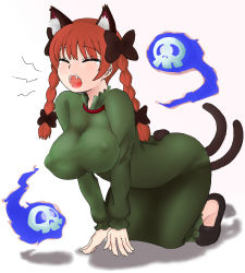 Rule 34 | 1girl, all fours, animal ears, braid, breasts, cat ears, cat girl, cat tail, closed eyes, covered erect nipples, extra ears, female focus, full body, geno (9999), gradient background, impossible clothes, impossible shirt, kaenbyou rin, large breasts, multiple tails, open mouth, red hair, shirt, short hair, solo, tail, touhou, twin braids, twintails, white background, yawning