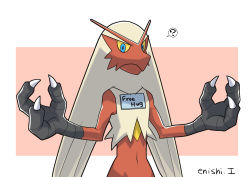 Rule 34 | ?, bad id, bad pixiv id, blaziken, blue eyes, commentary request, creature, creatures (company), english text, free hugs, furry, game freak, gen 3 pokemon, highres, looking at viewer, nintendo, open arms, pokemon, pokemon (creature), red background, signature, simple background, solo, spoken question mark, upper body, yukari (yukari21653710)