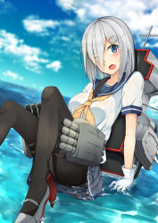 Rule 34 | 10s, 1girl, :o, ;o, black pantyhose, blue eyes, blue sky, blush, breasts, cloud, day, eyes visible through hair, gloves, hair ornament, hair over one eye, hairclip, hamakaze (kancolle), highres, hiraba 6018, kantai collection, large breasts, looking at viewer, machinery, neckerchief, one eye closed, pantyhose, pleated skirt, school uniform, serafuku, shirt, shoes, short hair, silver hair, sitting, skirt, sky, solo, torpedo, uf 6018, water, wet, wet clothes, wet hair, wet shirt, white gloves, yellow neckerchief