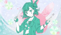 Rule 34 | 1girl, bati15, choker, fingerless gloves, fork, gloves, green eyes, green gloves, green hair, green jacket, hair ornament, hands up, highres, holding, holding fork, holding knife, jacket, knife, official art, one side up, open clothes, open jacket, partially colored, rabbit, shirt, short hair, solo, symbol-shaped pupils, tenjin kotone, tenjin kotone (channel), upper body, virtual youtuber