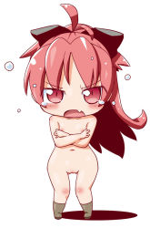 Rule 34 | 10s, 1girl, blush, boots, chibi, cleft of venus, covering privates, flat chest, gerotan, hair ribbon, long hair, mahou shoujo madoka magica, navel, nipples, nude, nude cover, open mouth, pussy, red eyes, red hair, ribbon, sakura kyoko, shadow, simple background, solo, tears, uncensored, white background