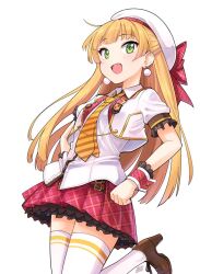 Rule 34 | 1girl, badge, blonde hair, blush, breasts, brown footwear, button badge, clenched hand, commentary request, cow, cropped jacket, earrings, emblem, fang, frilled skirt, frilled sleeves, frills, green eyes, hands on own hips, hat, hat ribbon, high heels, idolmaster, idolmaster cinderella girls, idolmaster cinderella girls starlight stage, jacket, jewelry, jougasaki rika, leg up, long hair, looking at viewer, miniskirt, necktie, open clothes, open jacket, open mouth, plaid, plaid ribbon, plaid skirt, red ribbon, red skirt, red wrist cuffs, ribbon, shirt, short sleeves, signature, simple background, skirt, small breasts, smile, smirs, solo, standing, standing on one leg, striped necktie, thighhighs, two side up, white background, white hat, white jacket, white shirt, white thighhighs, wrist cuffs, yellow necktie, zettai ryouiki