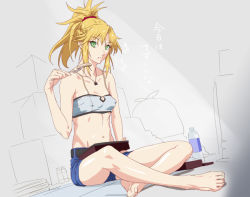 Rule 34 | bad id, bad pixiv id, bare shoulders, barefoot, belt, blonde hair, bottle, breasts, covered erect nipples, fate/apocrypha, fate (series), feet, food, fork, green eyes, looking at viewer, midriff, mordred (fate), mordred (fate/apocrypha), mordred (memories at trifas) (fate), sausage, shino (comic penguin club), shorts, sitting, solo, toes