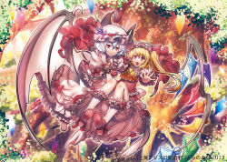 Rule 34 | 2girls, ascot, bat wings, blonde hair, bloomers, blue hair, bow, dress, flandre scarlet, hand in own hair, hat, hat bow, looking at viewer, multiple girls, open mouth, pink dress, puffy sleeves, red dress, red eyes, red footwear, remilia scarlet, shoes, short sleeves, siblings, side ponytail, sisters, smile, suou sakura, touhou, tree, underwear, wings, wrist cuffs