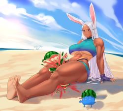 Rule 34 | 1girl, abs, animal ears, artist name, ass, bare legs, bare shoulders, barefoot, beach, between thighs, bikini, bird, blue bikini, blue bird, boku no hero academia, breasts, choker, cloud, cloudy sky, commentary, crop top, crushing, dark-skinned female, dark skin, english commentary, english text, feet, fingerless gloves, food, fruit, fruit hat, full body, gabriel carrasquillo, gloves, highres, large breasts, legs, legs together, light soles, long eyelashes, long hair, looking at object, milestone celebration, mirko, muscular, muscular female, nail polish, navel, outdoors, palm tree, parted bangs, parted lips, purple gloves, rabbit ears, rabbit girl, red eyes, sitting, skindentation, sky, soles, solo, sports bikini, suikawari, swimsuit, tan, tankini, tanline, thank you, thick thighs, thighs, thumbs up, toenail polish, toenails, toes, toned, tree, underboob, very long hair, watermelon, watermelon between thighs, white hair, yellow nails