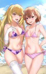 :d asymmetrical_bangs beach bikini blonde_hair blue_sky breasts brown_eyes brown_hair cloud collarbone commentary elbow_gloves forced_smile gloves hair_between_eyes hair_ornament hairpin heart heart_print highres large_breasts long_hair looking_at_viewer medium_breasts misaka_mikoto navel ocean open_mouth outdoors pink_bikini print_bikini purple_bikini shokuhou_misaki sioo_1029 sky smile sparkling_eyes spider_web_print sweatdrop swimsuit temporal_hairline thighhighs toaru_kagaku_no_railgun toaru_majutsu_no_index trembling white_gloves white_thighhighs yellow_eyes