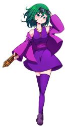 Rule 34 | 1girl, absurdres, alternate color, alternate costume, bmkro, closed mouth, collarbone, commentary request, dress, eyewear on head, full body, green eyes, green hair, highres, jewelry, long sleeves, looking at viewer, pendant, purple dress, purple thighhighs, purple vest, rod of remorse, shiki eiki, short hair, simple background, solo, spanish commentary, sunglasses, thighhighs, touhou, vest, weighing scale, white background