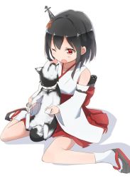 Rule 34 | 10s, 1girl, aged down, bad id, bad twitter id, bare shoulders, black hair, blush, collar, collarbone, commentary request, d;, detached sleeves, dog, flat chest, full body, geta, gotyou, hair ornament, hakama, hakama short skirt, hakama skirt, holding paw, japanese clothes, kantai collection, licking, looking at another, nontraditional miko, one eye closed, open mouth, red eyes, red hakama, shadow, shiba inu, short hair, short hair with long locks, sidelocks, simple background, sitting, skirt, socks, tabi, tongue, tongue out, wariza, white background, white legwear, wide sleeves, yamashiro (kancolle)
