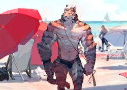 Rule 34 | 1boy, abs, alternate costume, animal ears, arknights, bara, bare pectorals, beach, black male swimwear, black swim briefs, bulge, feet out of frame, furry, furry male, headphones, headphones around neck, highres, large pectorals, looking to the side, male focus, male swimwear, mountain (arknights), muscular, muscular male, navel, navel hair, nipples, outdoors, pectorals, short hair, solo focus, stomach, sunlight, swim briefs, swimsuit, thighs, tiger boy, tiger ears, tiger stripes, watch, white fur, wincalblanke, wristwatch