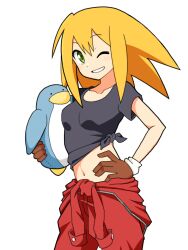 Rule 34 | 1girl, absurdres, blonde hair, breasts, capcom, hand on own hip, highres, jumpsuit, jumpsuit around waist, legs, looking at viewer, mega man (series), mega man legends (series), midriff, navel, one eye closed, roll caskett (mega man), shirt, short hair, small breasts, smile, solo, stuffed toy, thighs, tied shirt, wink
