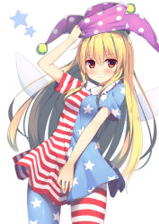 Rule 34 | 1girl, american flag dress, american flag legwear, blonde hair, blush, clownpiece, collar, dress, fairy wings, frilled collar, frilled shirt collar, frills, hat, highres, jester cap, long hair, looking at viewer, megarisu, pantyhose, polka dot, pout, red eyes, short dress, short sleeves, simple background, solo, star (symbol), striped clothes, striped dress, striped pantyhose, touhou, very long hair, white background, wings