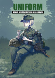 Rule 34 | 1girl, absurdres, blonde hair, blue eyes, boots, breast pocket, brown footwear, combat helmet, commentary, cover, cover page, english commentary, english text, erica (naze1940), grass, green hat, green jacket, green pants, hat, helmet, highres, holding, holding smoking pipe, jacket, military, military hat, military uniform, original, outdoors, pants, pocket, short hair, shovel, sitting, smoking pipe, solo, stahlhelm, swastika, uniform, unworn headwear, unworn helmet, world war ii