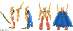 Rule 34 | 1boy, armor, bandai, cape, character sheet, claws, concept art, digimon, digimon (creature), dual wielding, grademon, holding, mechanical arms, mechanical legs, multiple views, no humans, official art, open mouth, red eyes, scan, solo, sword, weapon