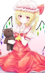 Rule 34 | 1girl, ascot, blonde hair, blush, bow, buttons, closed mouth, collar, dated, flandre scarlet, frilled collar, frills, hand on own chin, hat, hat bow, highres, holding, holding stuffed toy, kisamu (ksmz), looking at viewer, mob cap, red bow, red eyes, red skirt, short sleeves, side ponytail, simple background, skirt, skirt set, smile, solo, stuffed animal, stuffed toy, teddy bear, touhou, white background, white hat, wristband